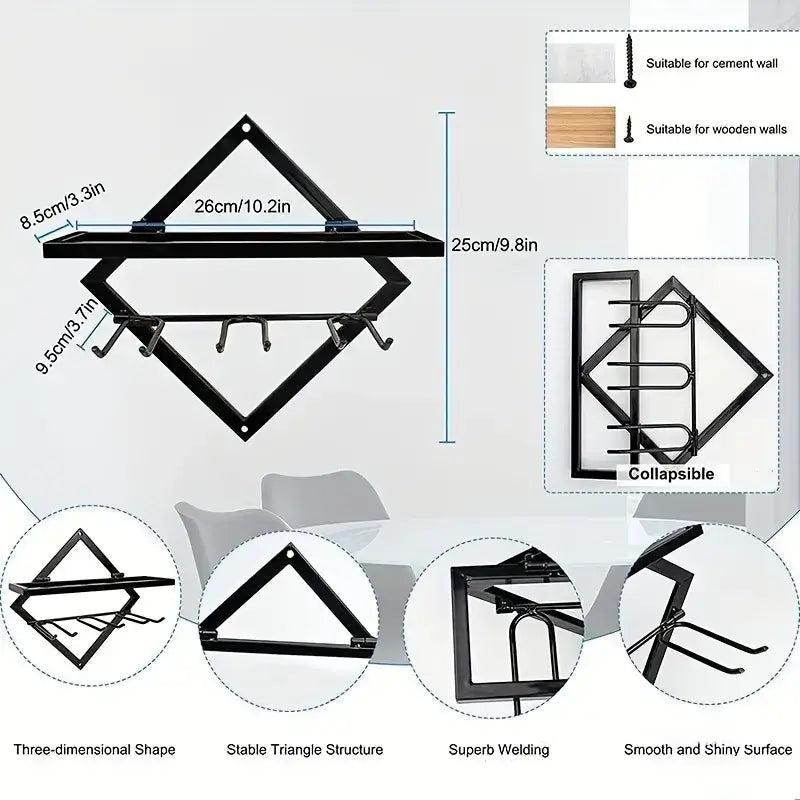3 glass wall mounted Wine Rack Black Metal