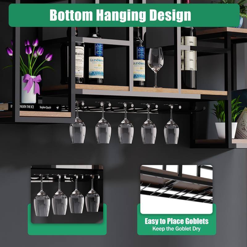 Black Wall-Mounted Wine Rack with Glass Holder - wood and iron
