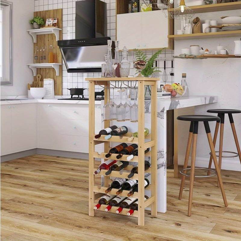 Freestanding Wine Rack with Glass Shelves and Tabletop