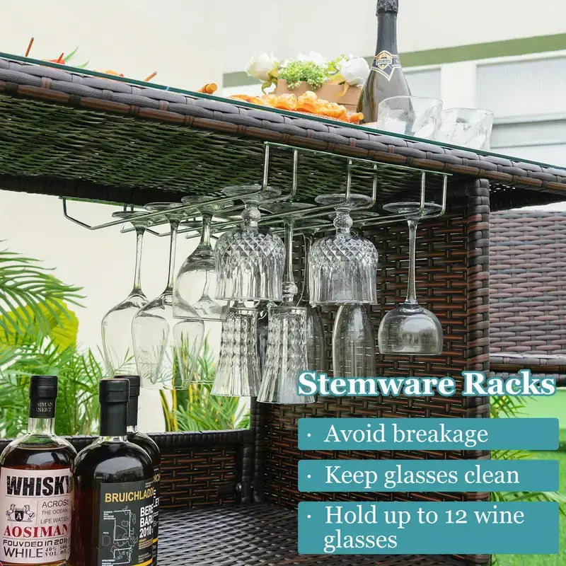 Glass top Wicker Bar Table & Stool Set