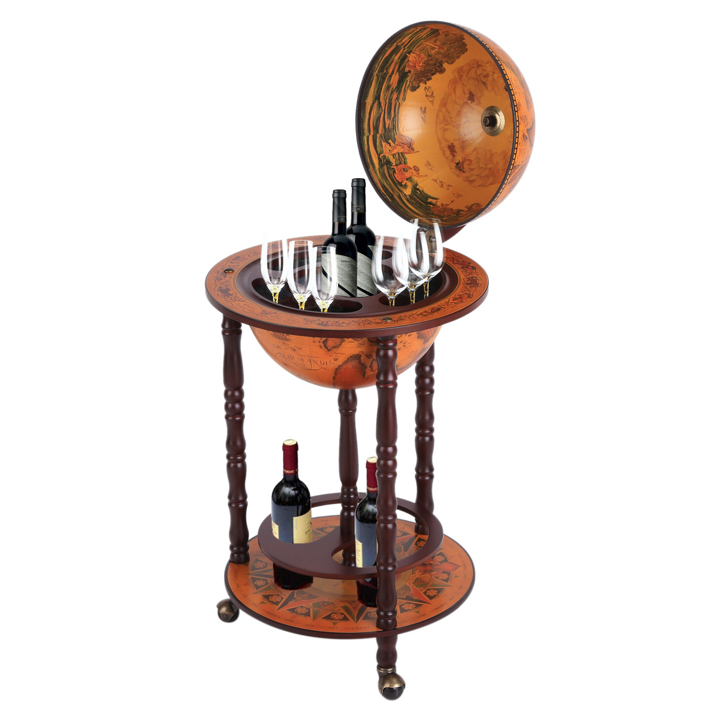 Globe Shaped Retro Style Movable Wine Trolley - brown