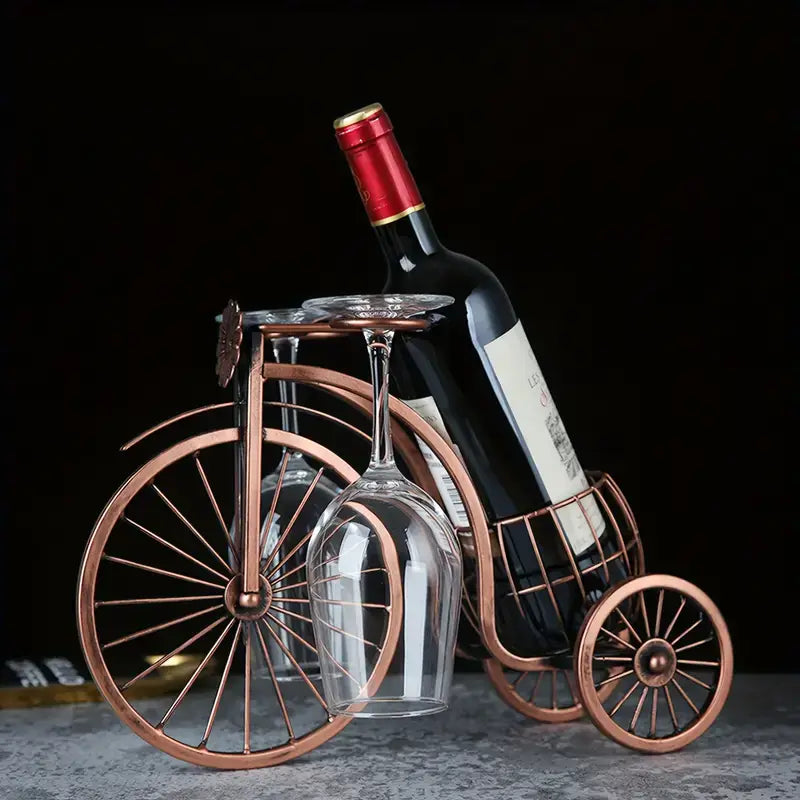 Gold Metal Tricycle Wine Rack With Glass Holder