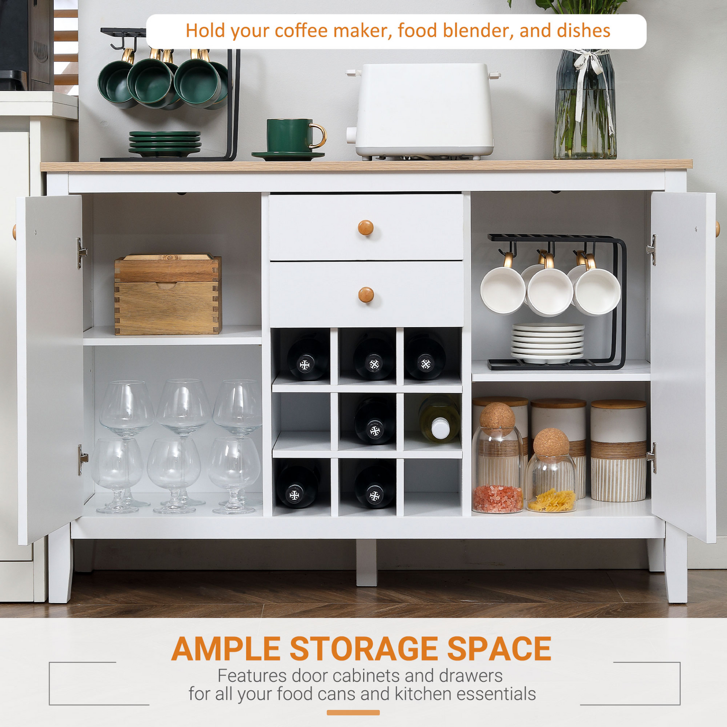 Kitchen Sideboard with 9-bottle Wine Rack - white