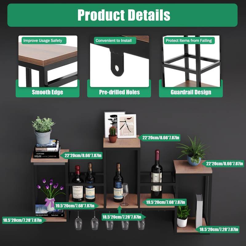 Metal And Wood Wall-Mounted Wine Rack with Glass Holder