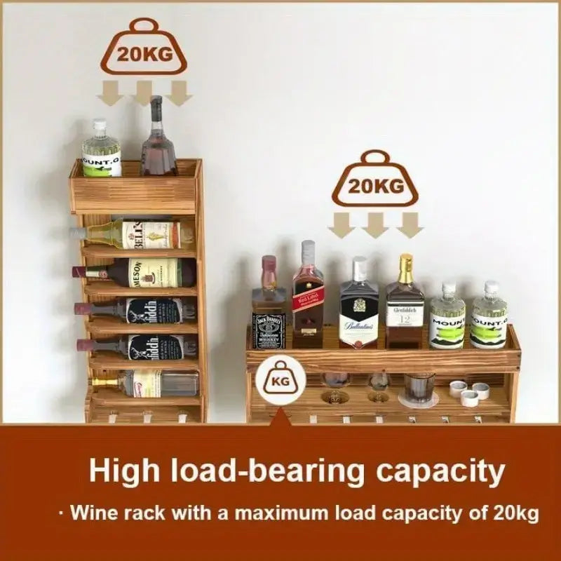 Pine Wood Wall Mounted Wine Rack With Glass Rack