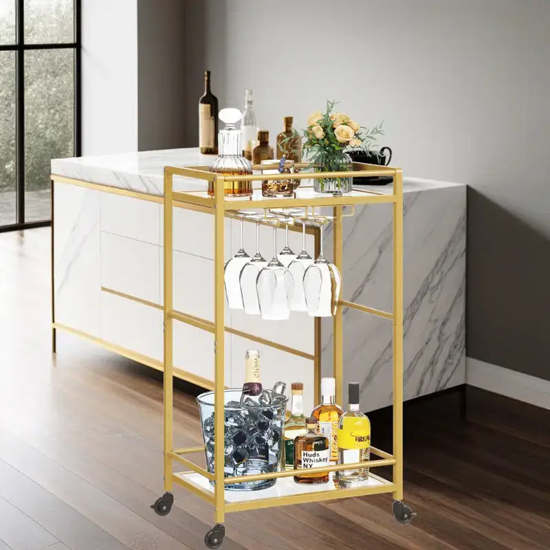 Small Gold Drinks Trolley - 6 hanging glasses