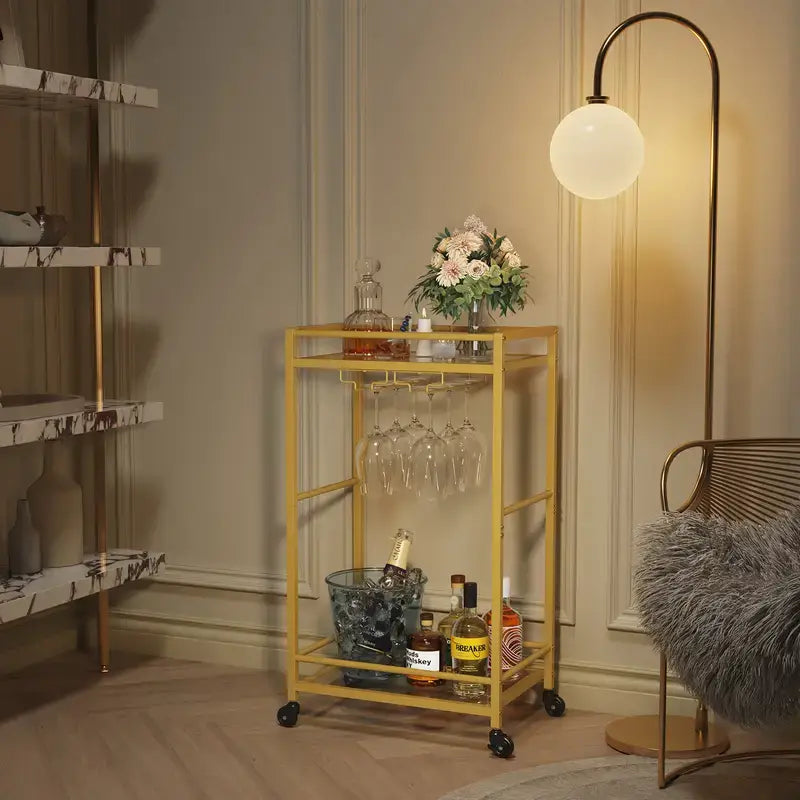 Small Gold Drinks Trolley - 6 hanging wine glasses