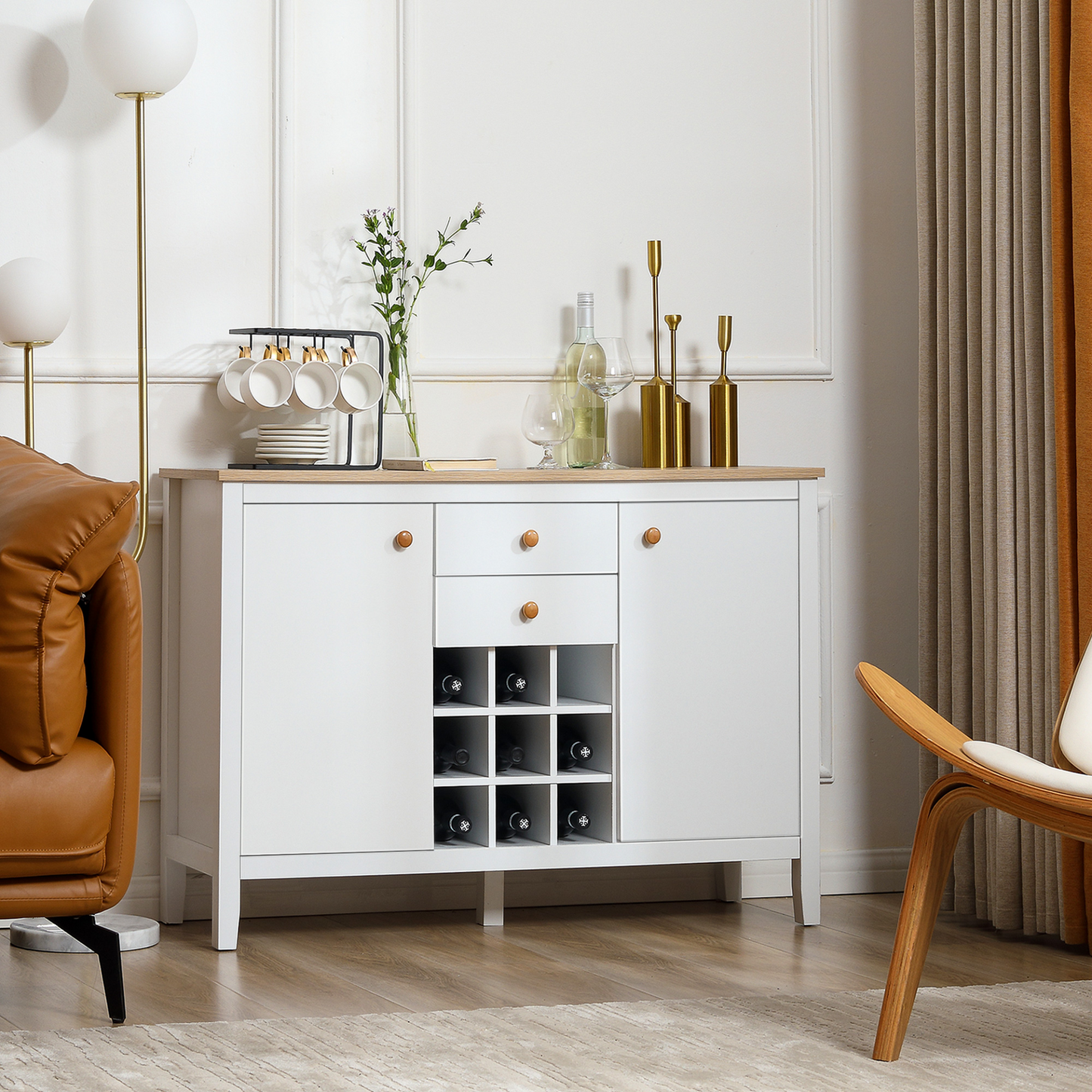 White and wood Kitchen Sideboard with 9-bottle Wine Rack