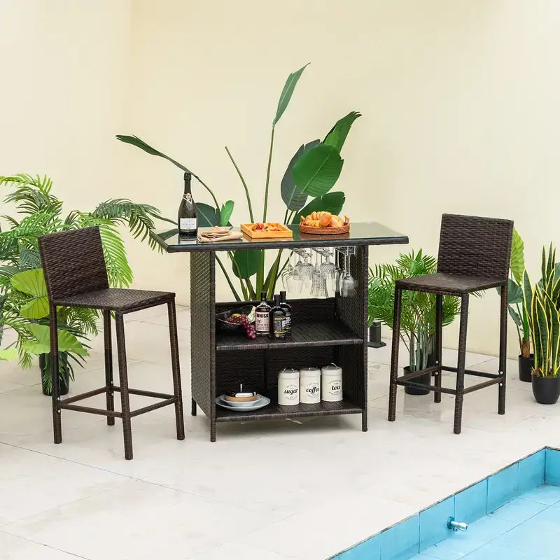 Wicker Bar Table & Stool Set - glass top