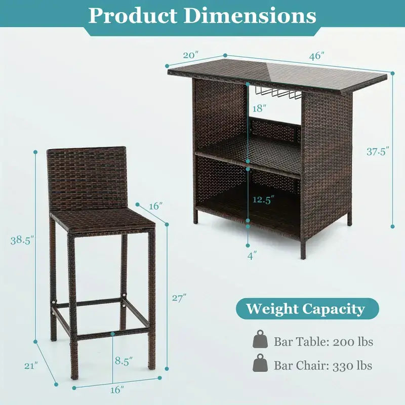 Wicker Bar Table & Stool Set glass top