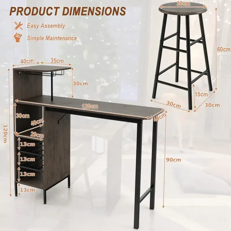 Wooden Bar Table & Stool With Rack