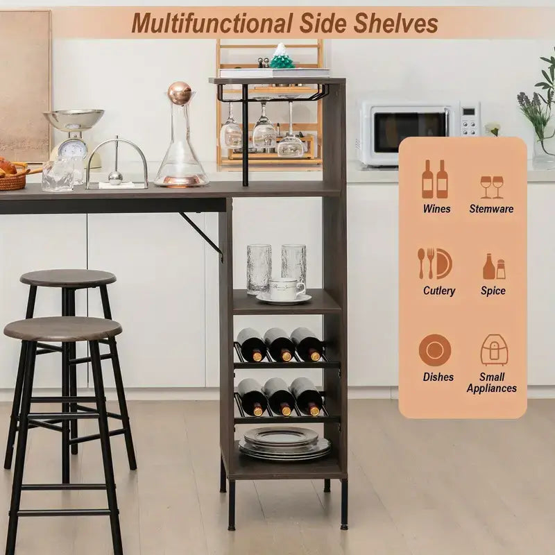 Wooden Bar Table & Stool With Shelves