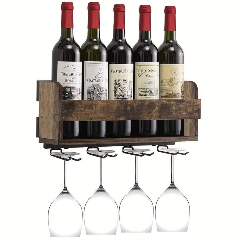 Wooden Wall-Mounted Wine Rack With Glass Holder