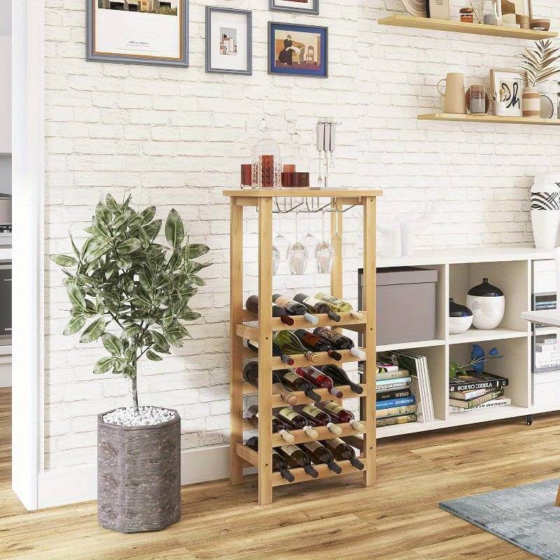 Wooden Wine Rack with Glass Shelves and Tabletop