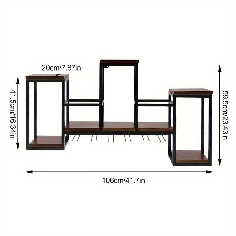 wood and iron Black Wall-Mounted Wine Rack with Glass Holder