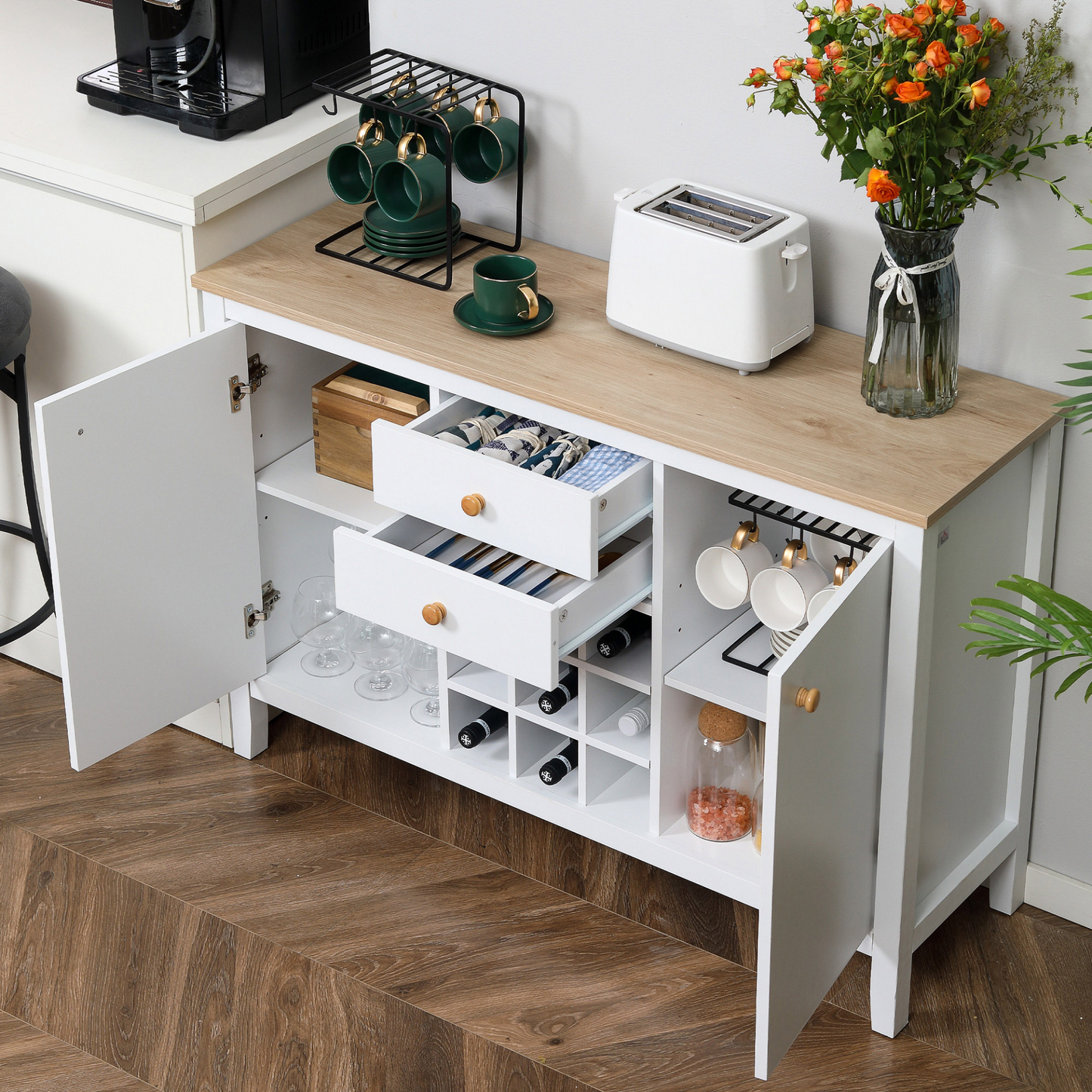 White Kitchen Sideboard with 9-bottle Wine Rack