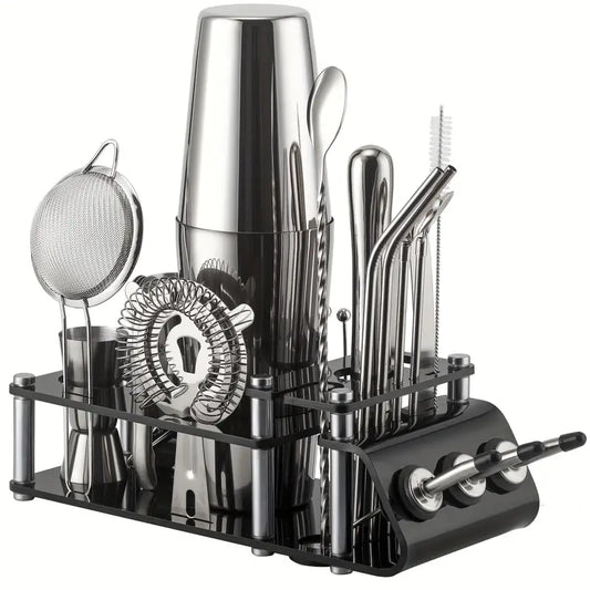 25pcs Stainless Steel Cocktail Shaker Set with Martini Glasses