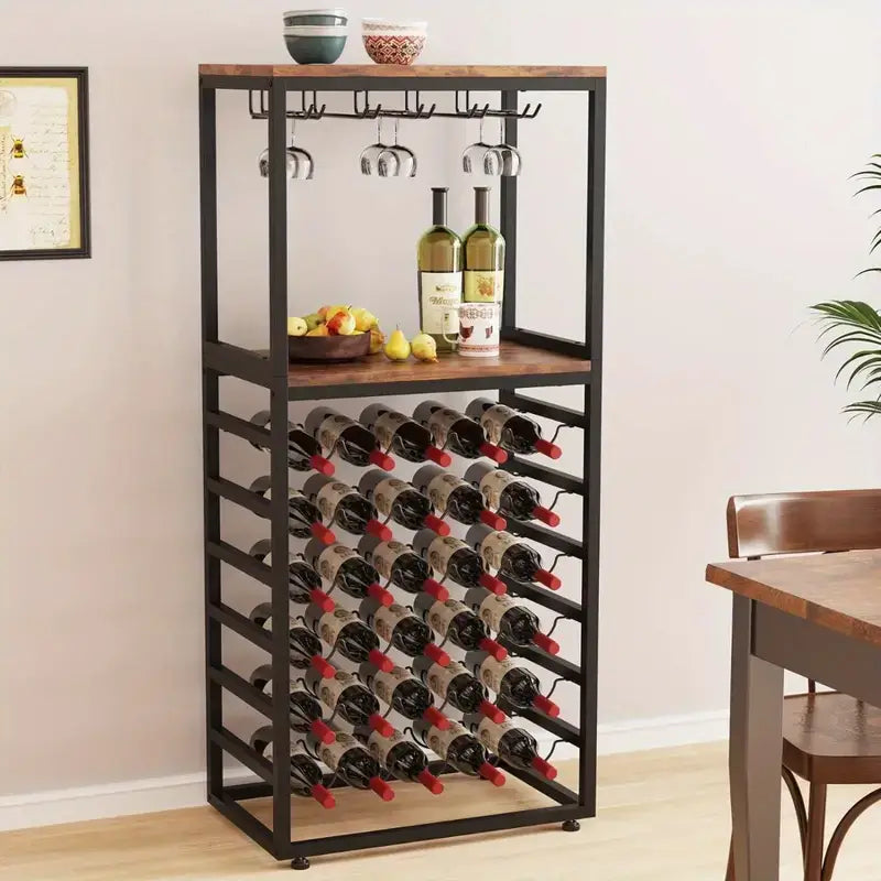 30 bottle freestanding wine rack black and brown