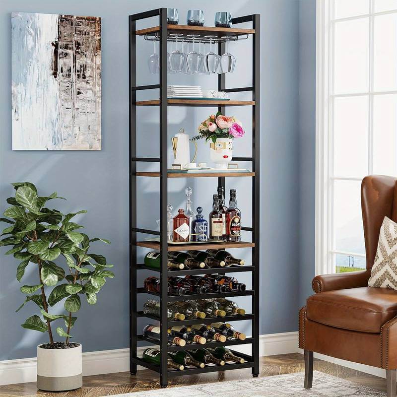9 Tier Freestanding Wine Racks with Glass Holder and Storage Shelves