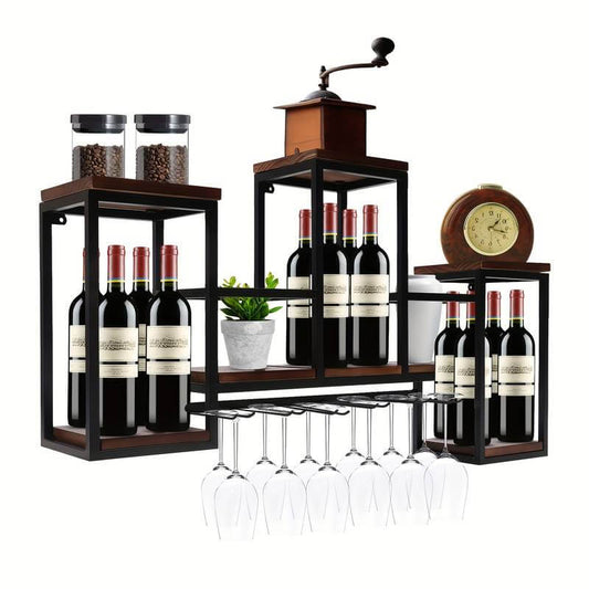 Black Wall-Mounted Wine Rack with Glass Holder