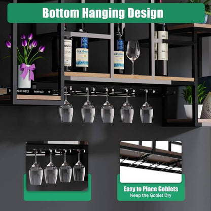 Black Wall-Mounted Wine Rack with Glass Holder - wood and iron 