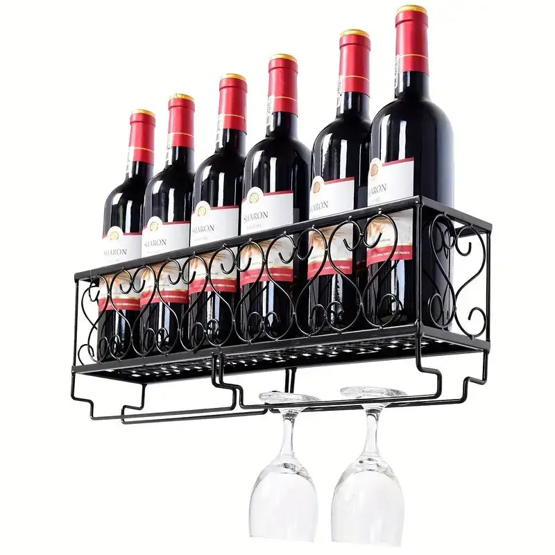 Black Wall Mounted Wine Rack & Glass Holder