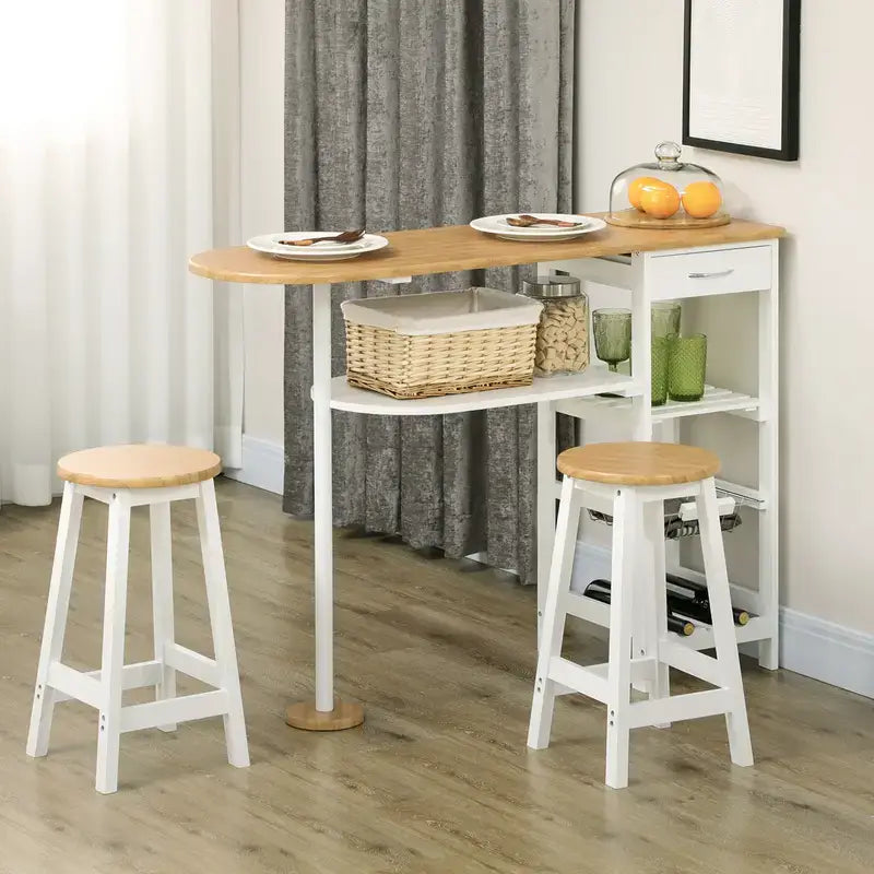 Breakfast Bar Table With Stools & Shelves