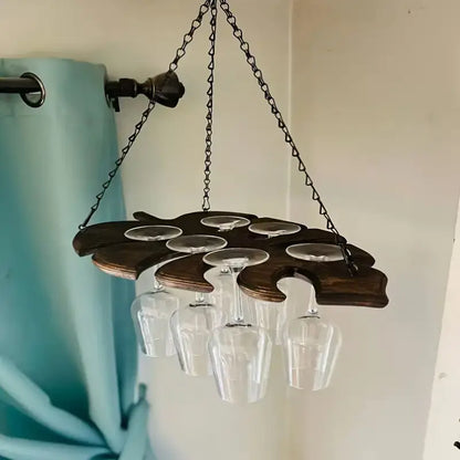 Brown Wooden Leaf Shaped Hanging Glass Rack