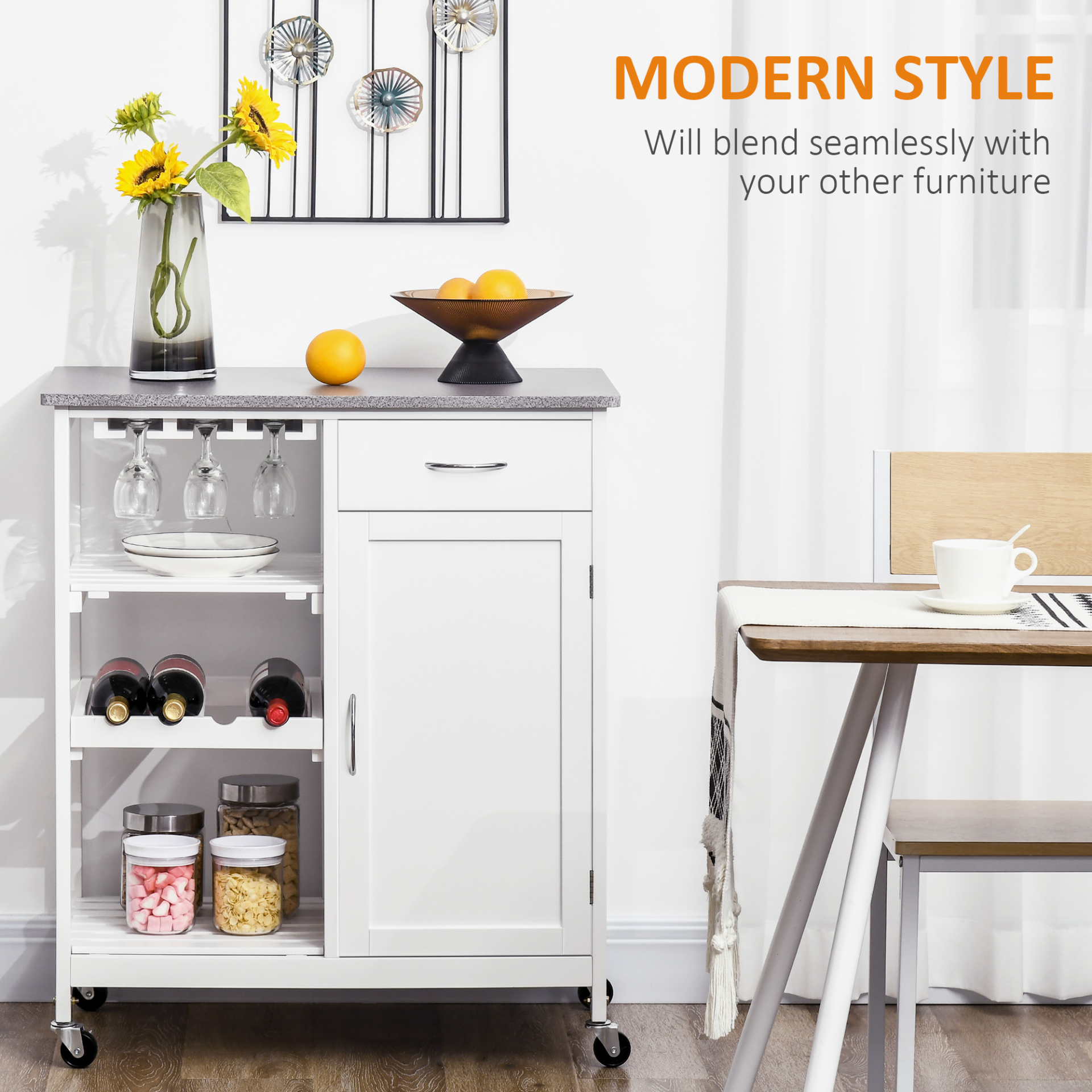 Compact Kitchen Trolley Utility Cart on Wheels - white