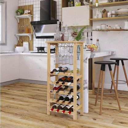 Freestanding Wine Rack with Glass Shelves and Tabletop
