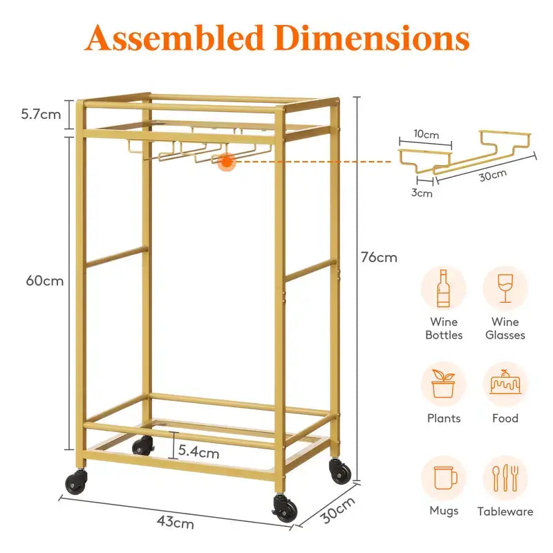 Gold Drinks Trolley - 6 hanging wine 