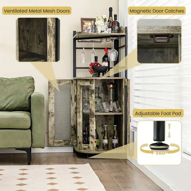 Industrial style Brown Corner Bar Drinks Cabinet - ventilated doors
