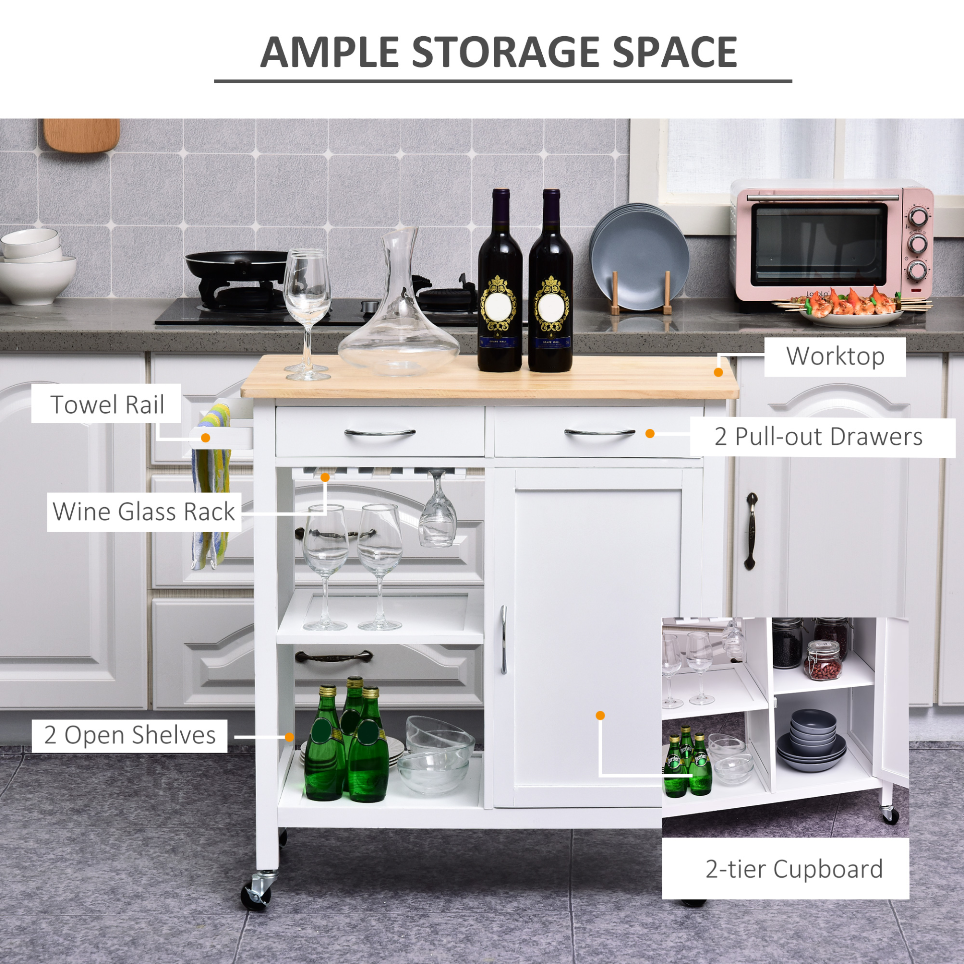 Kitchen Storage Trolley Cart Cupboard With Rolling 4 Wheels