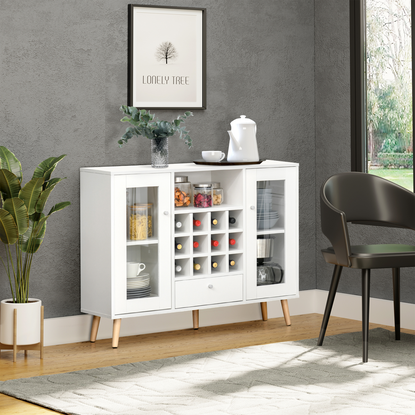 Modern Sideboard Storage Cabinet Glass Doors & 12-Bottle Wine Racks