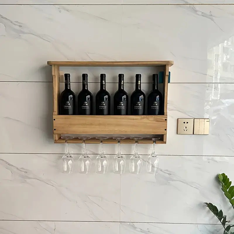 Wall Mounted Wooden Wine Rack With Glass Storage 
