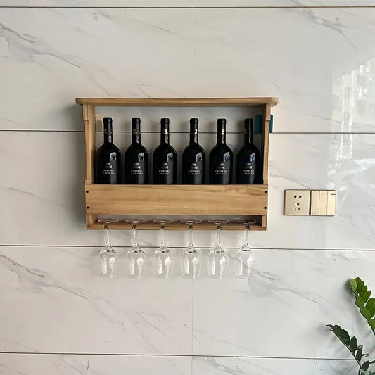 Wall Mounted Wooden Wine Rack With Glass Storage 