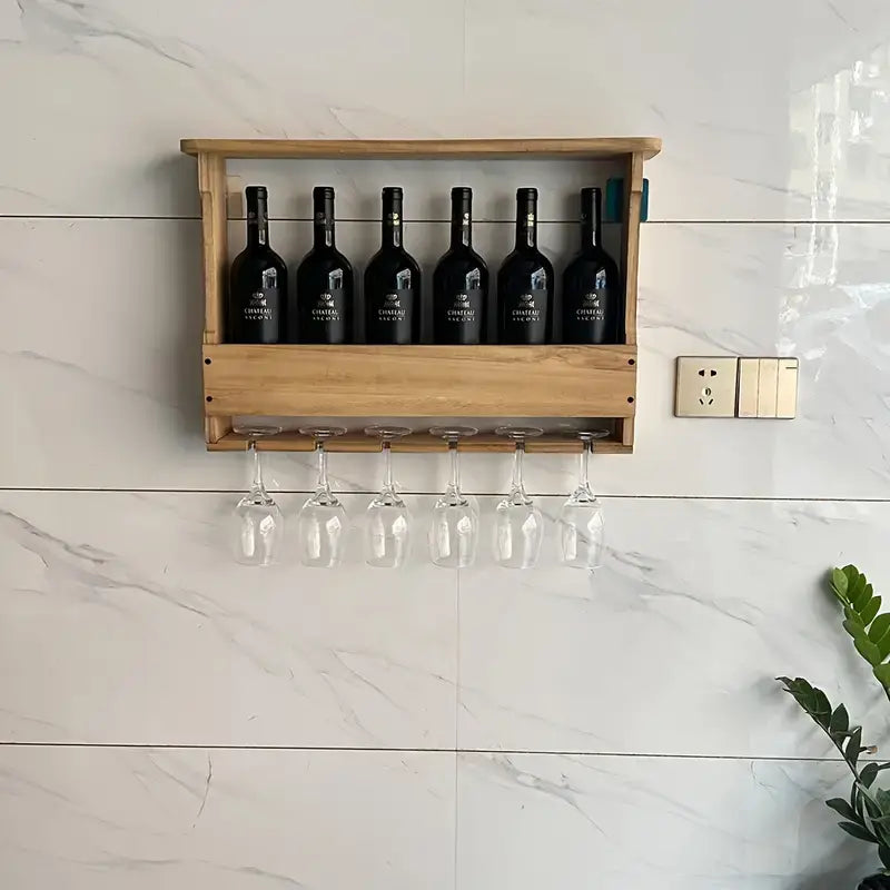 Wall Wine Bottle Rack With Glass Storage 