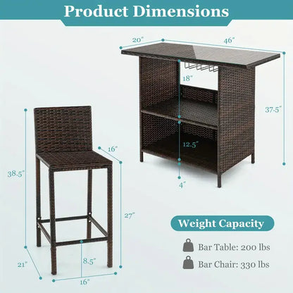 Wicker Bar Table & Stool Set glass top
