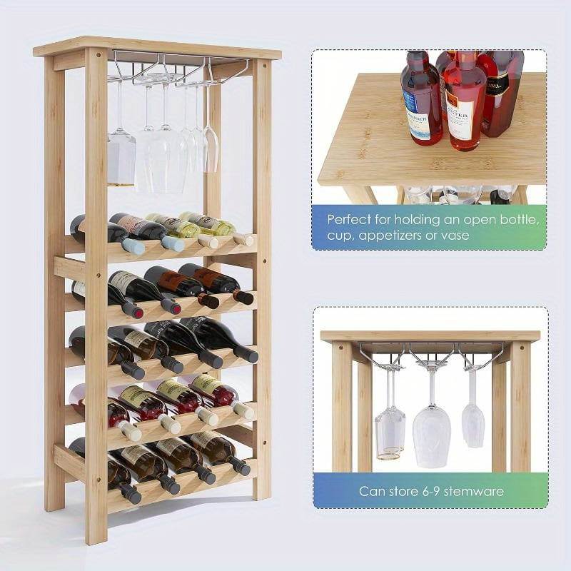 Wooden Freestanding Wine Rack With Glass Shelves and Tabletop
