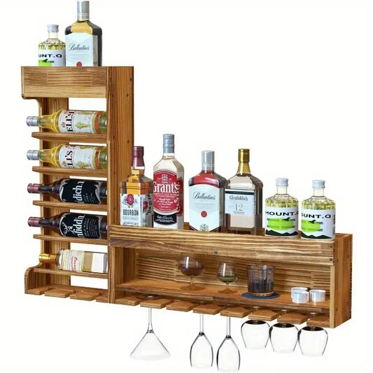 Wooden Wall Mounted Wine Rack With Glass Rack