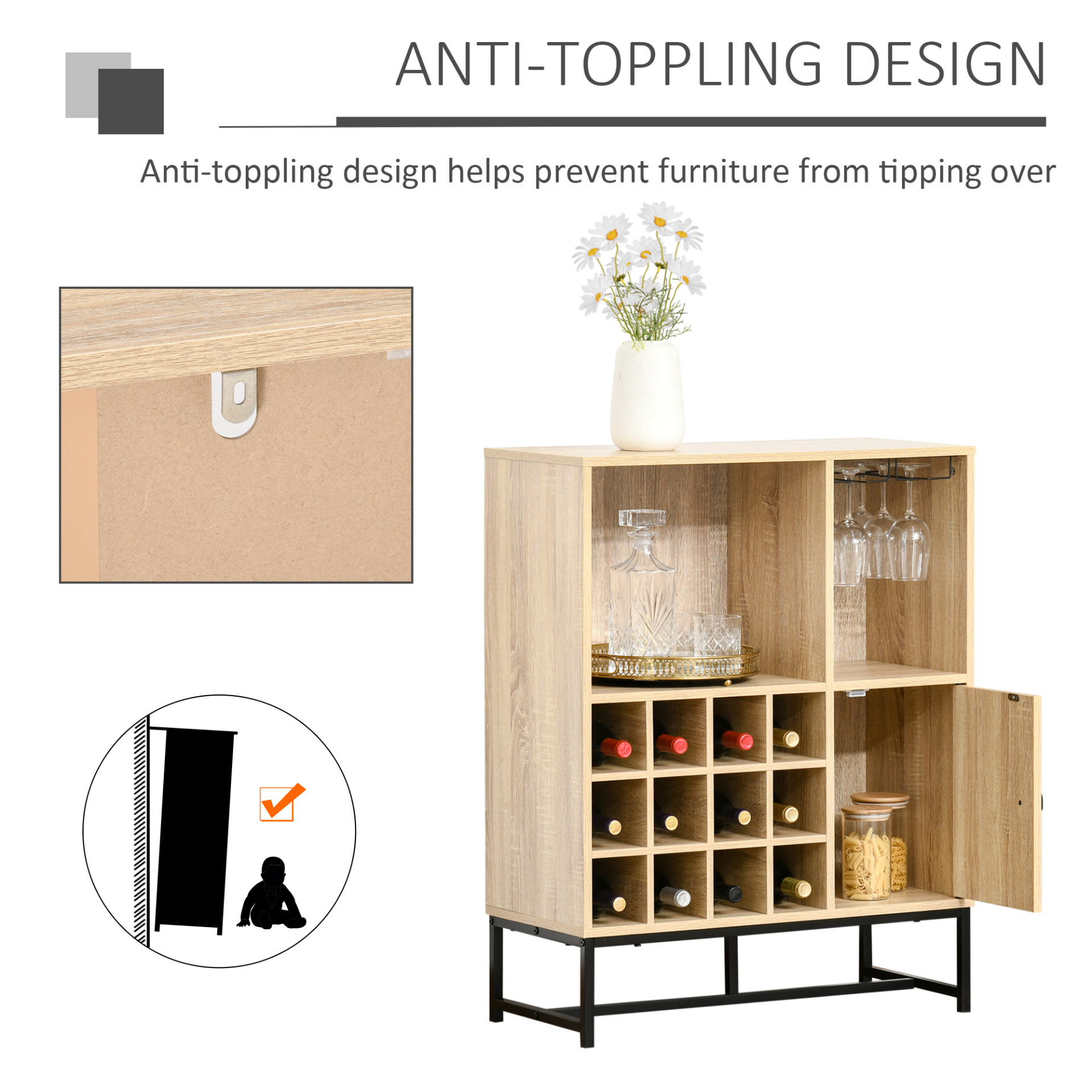 anti-toppling design - Wine Cabinet for 12 grid wine rack 