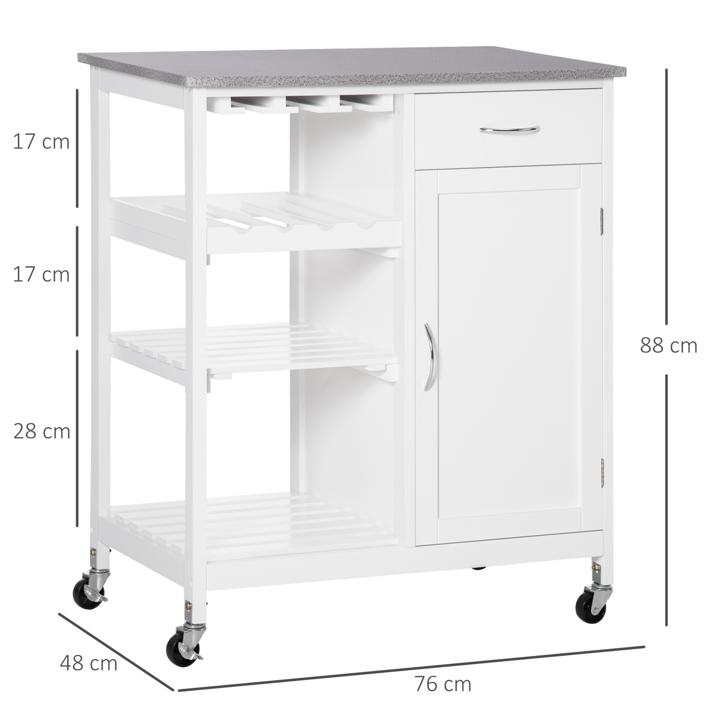 white, Compact Kitchen Trolley Utility Cart on Wheels 