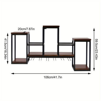 wood and iron Black Wall-Mounted Wine Rack with Glass Holder